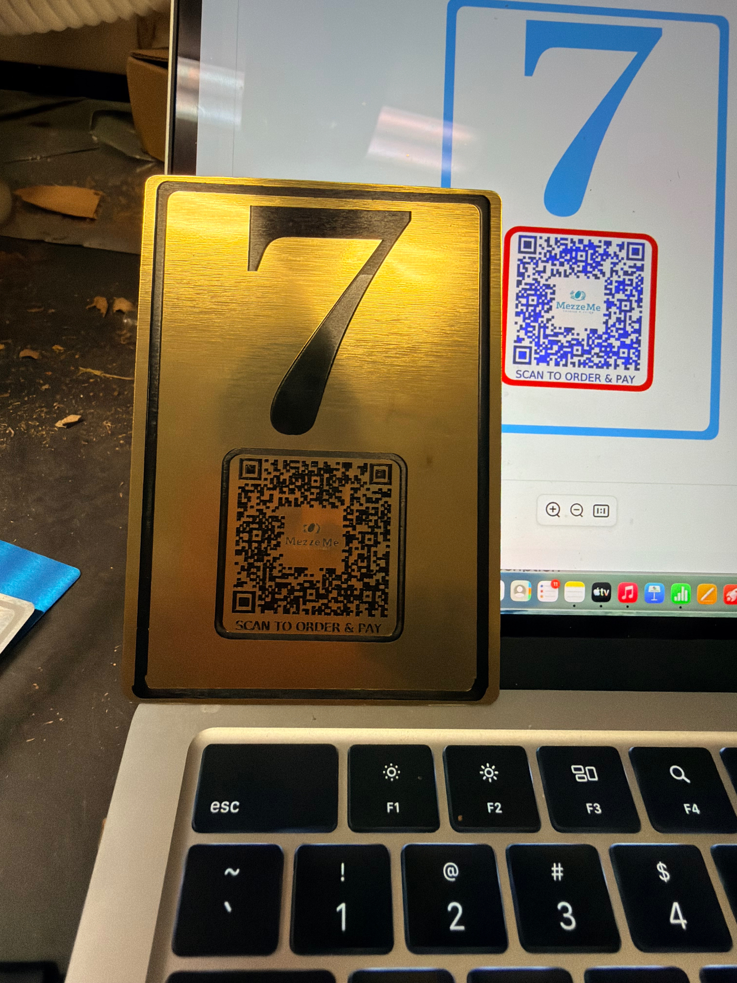 Brushed gold metal table number and QR order card