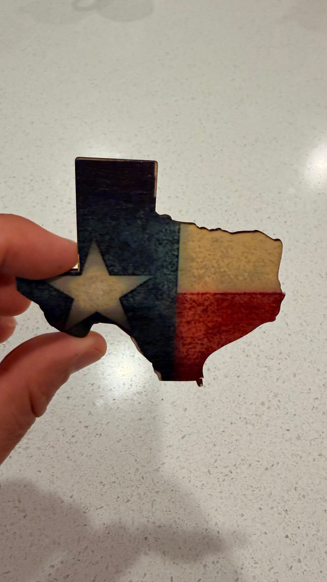 Texas-shaped fridge magnet UV printed and cut from basswood