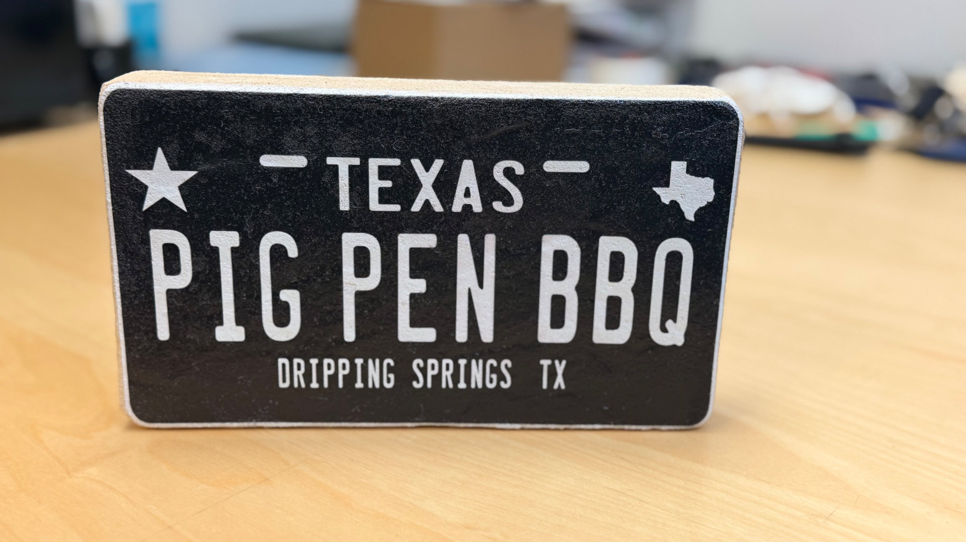 Pig Pen BBQ Texas plate logo UV printed on engineered stone