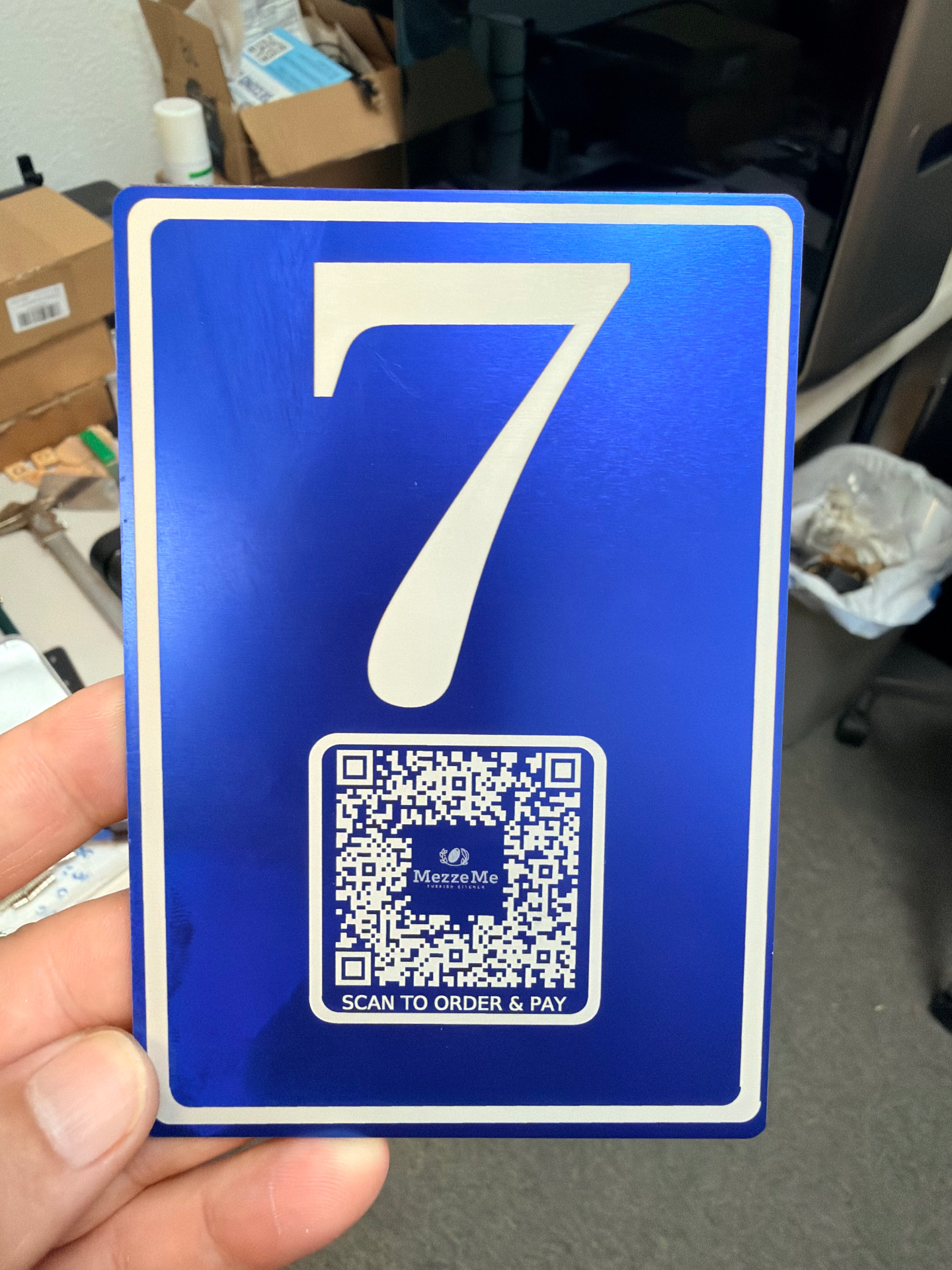 Anodized blue table number with scan-to-order QR card