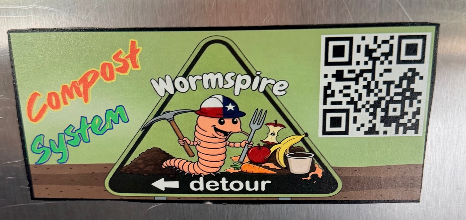 Wormspire compost system fridge magnet, UV printed with a scannable QR code